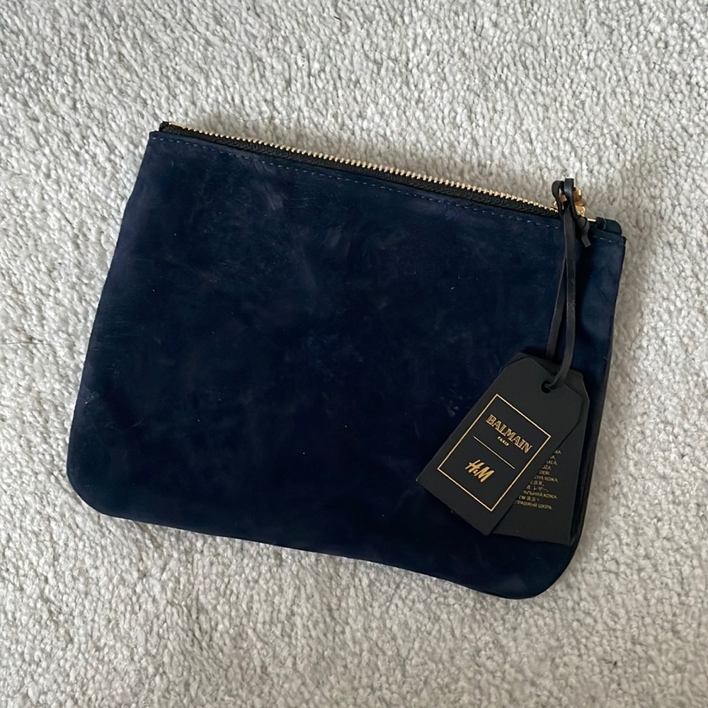 Balmain x H&M navy suede/leather zip pouch O/S